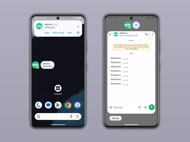 Gambar tersebut menampilkan notification bubbles, fitur pesan baru di WhatsApp beta untuk Android.